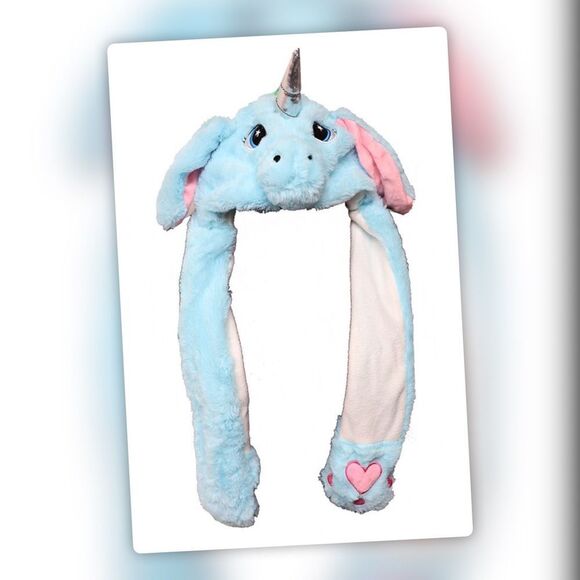 WHITE Plush Funny Unicorn Hat Scarf Squeeze Paw Lift Ear - Picture 4 of 13
